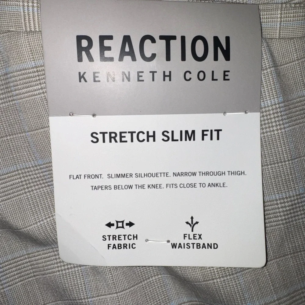 NWT Mens 38x32 Kenneth Cole Reaction Dress Pants Oatmeal Stretch Slim Fit Plaid